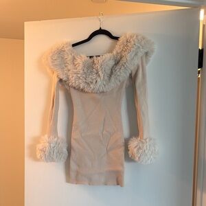 Fashion Nova Cream Off-Shoulder Sweater with Faux Fur
